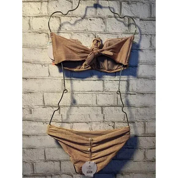 Pilyq PQ Aperol Stripe Orange Ruched Bandeau D Cup S Full Bottom NEW - Picture 7 of 10